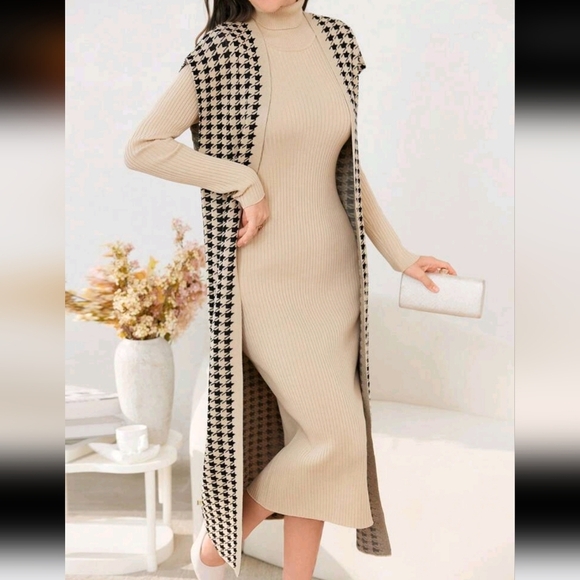 Women Solid Color Turtleneck Long Sleeve Minimalist Dress And Jacquard Cardigan - Picture 5 of 5